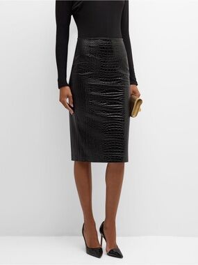 Commando Black Croc Embossed Faux Leather Midi Pencil Skirt M
